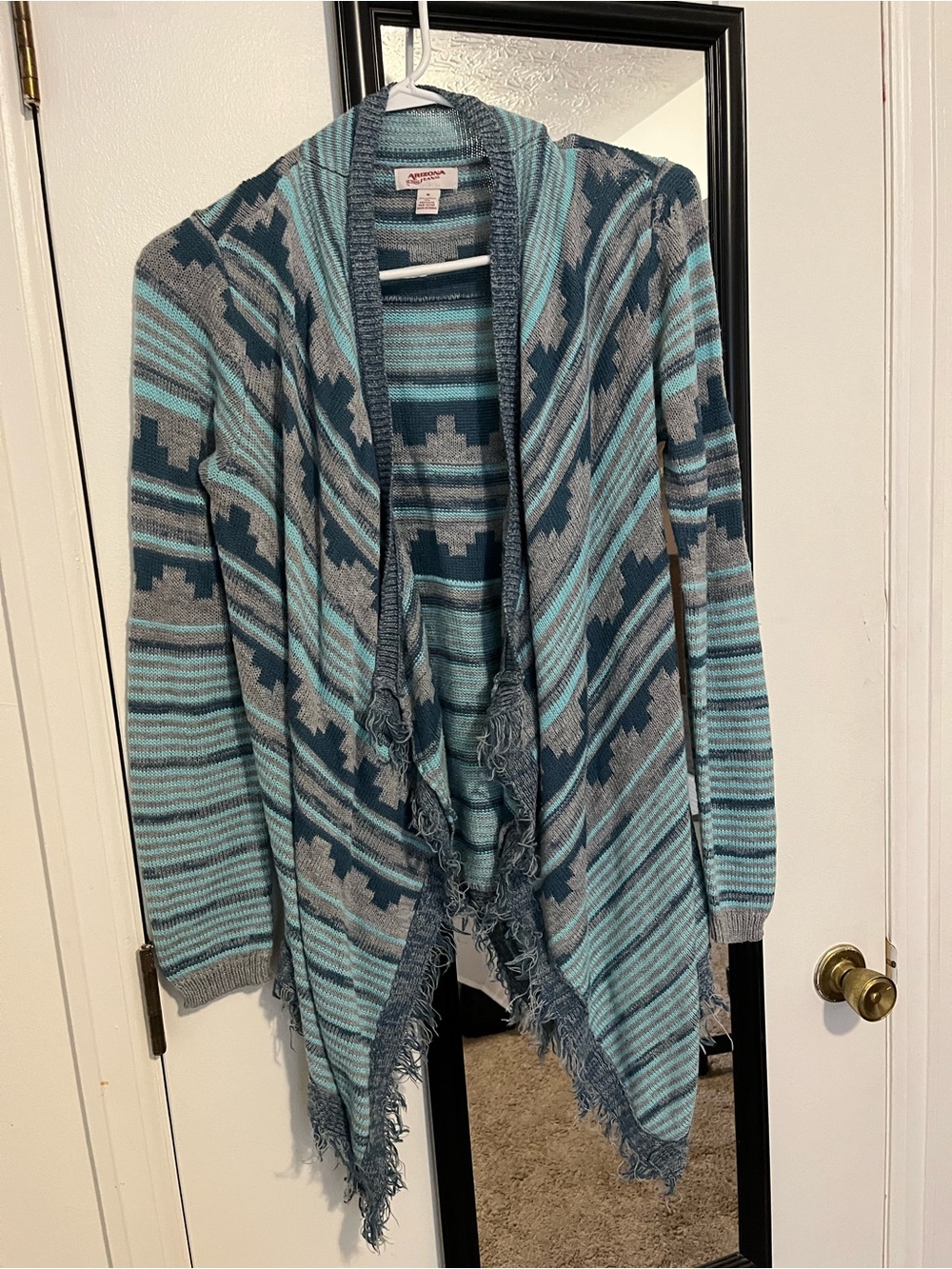 Fringed Open-Front Aztec Knit Cardigan - Teal & Gray